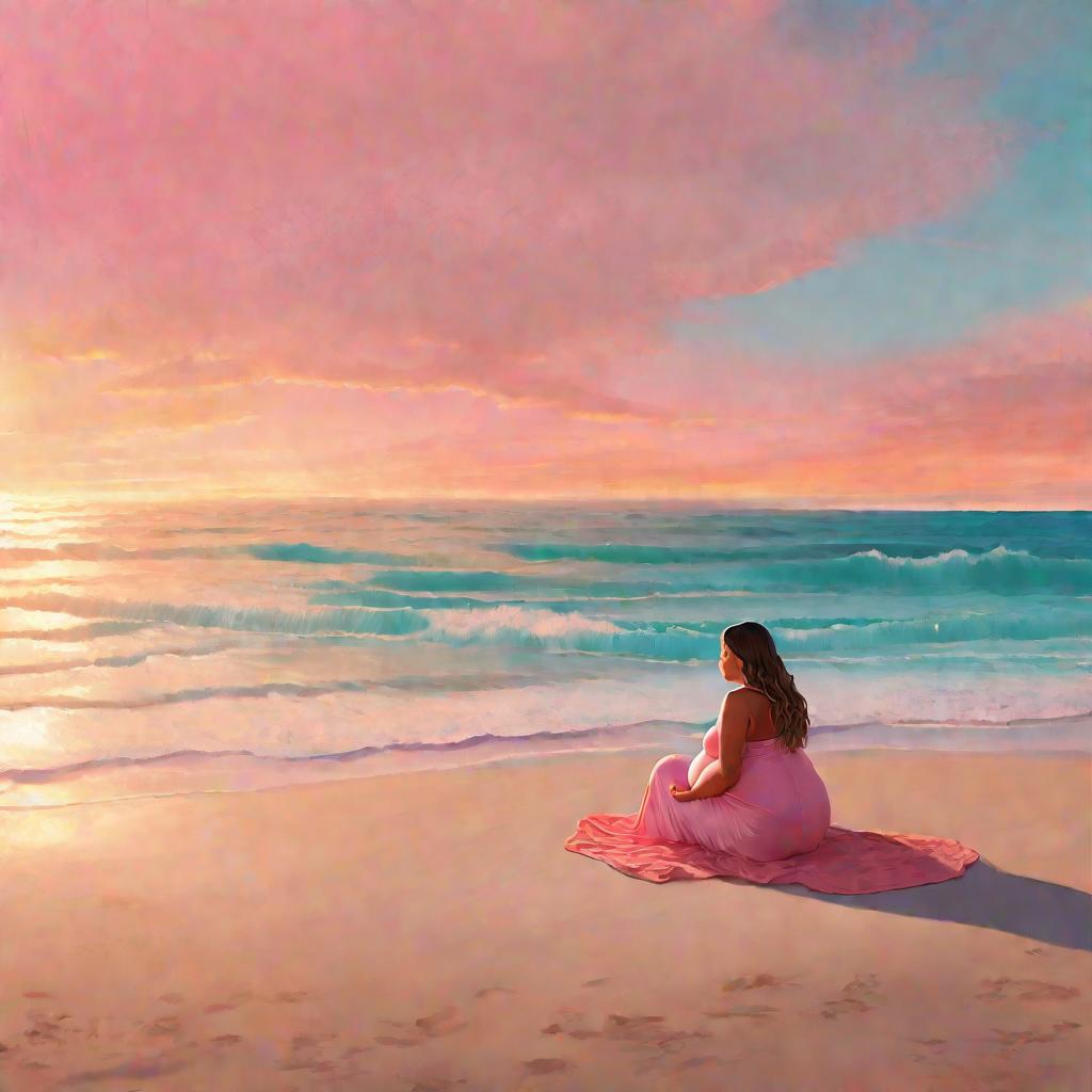 Беременная женщина сидит на пляже на рассвете