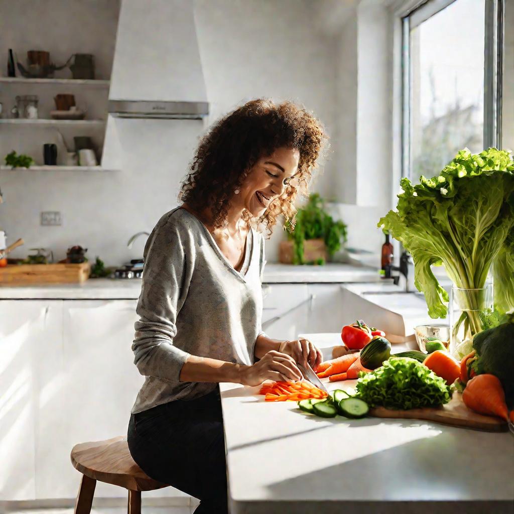 Женщина нарезает овощи на кухне