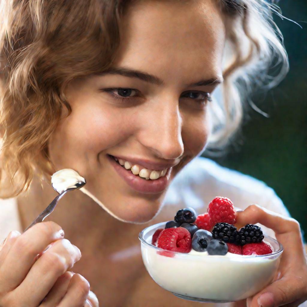 Девушка ест йогурт с ягодами, рекомендуемая при стоматите диета