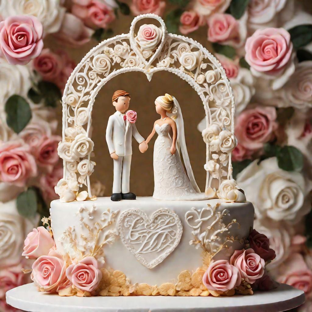 Свадебный торт украшен статуэтками молодоженов и надписью