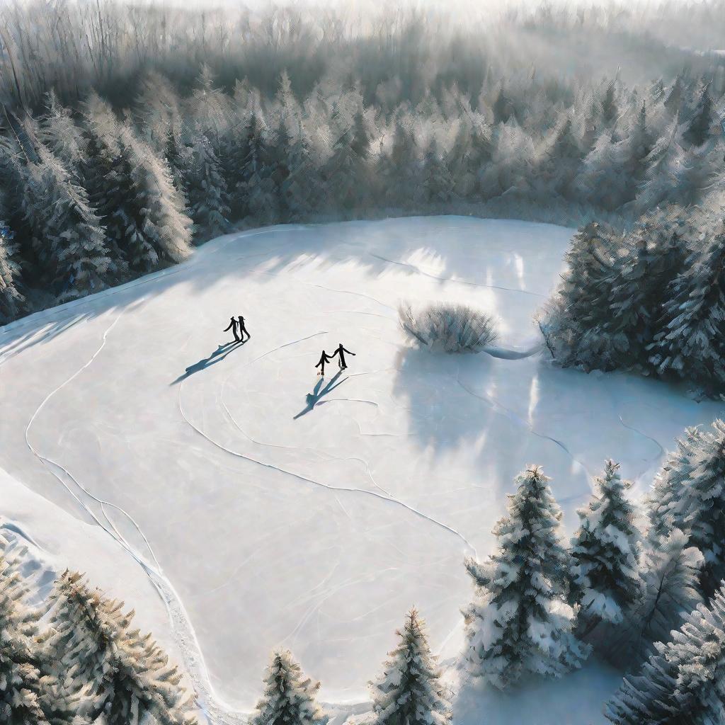 Пара катается на коньках по замерзшему пруду зимой