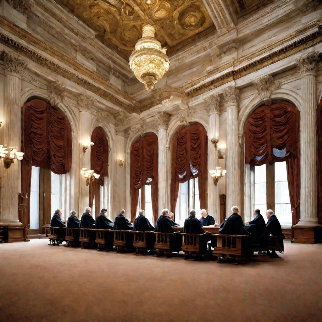 Широкий кадр группы судей верховного суда в мантиях, сидящих за украшенной деревянной скамьей в большом зале судебного заседания с высокими окнами, мраморными колоннами и антикварными люстрами. Судьи ведут важное обсуждение юридического дела.