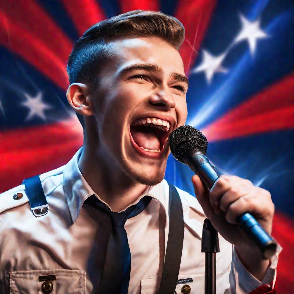 Портрет молодого человека, поющего в микрофон на сцене. На нем военный костюм, он смотрит в сторону с решительным выражением лица.