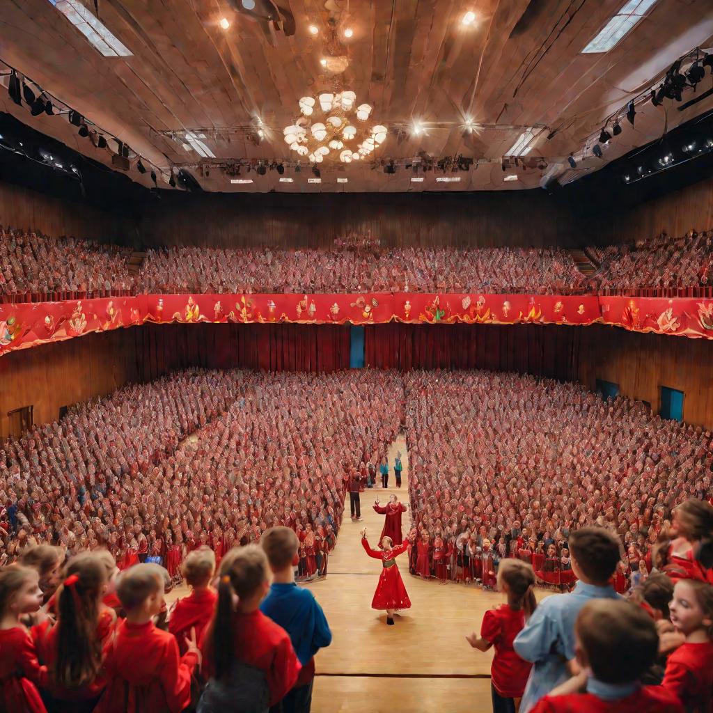 Большой школьный зал, заполненный ликующими учениками с флагами России. На ярко украшенной сцене танцует детский фольклорный ансамбль.