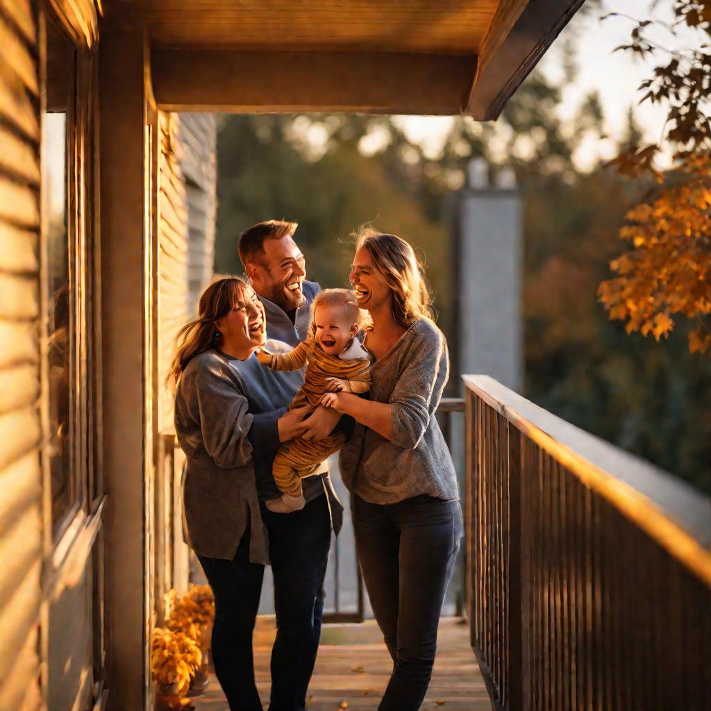 Счастливая семья смеется на балконе на закате осенью