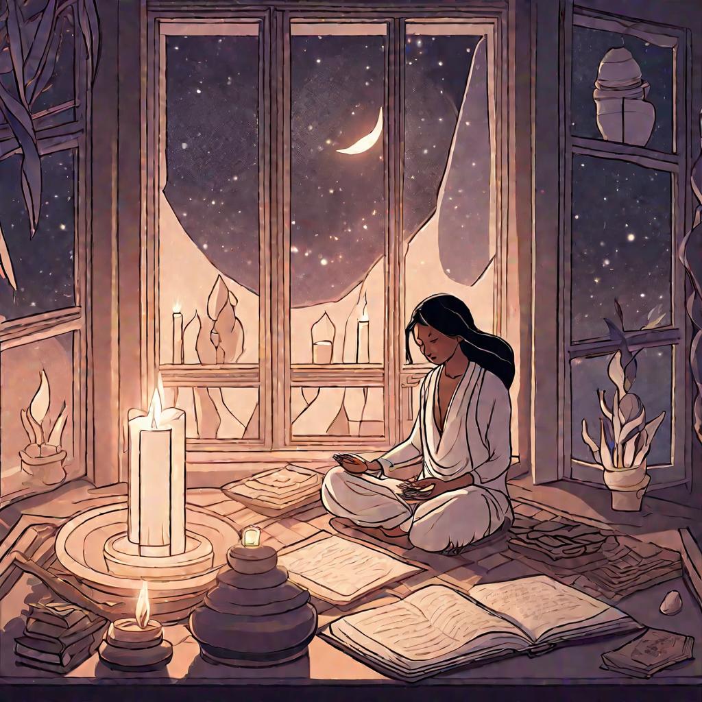 Женщина медитирует ночью при свечах в комнате с кристаллами