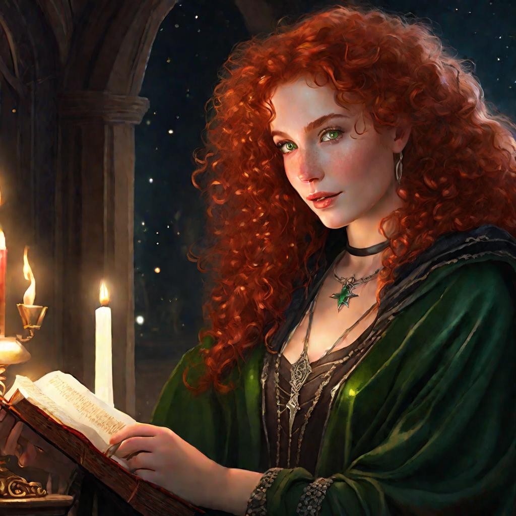 Женщина-ведьма с книгой при свечах