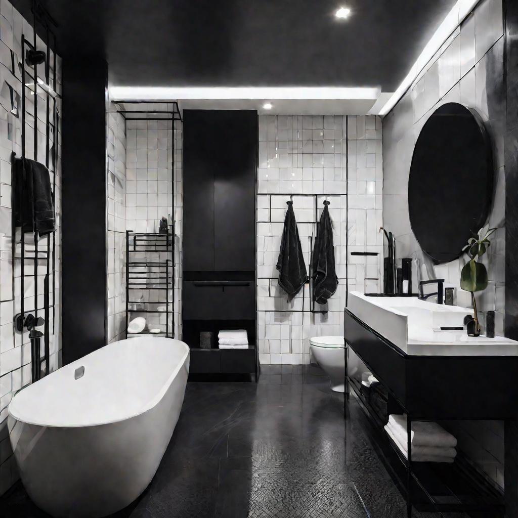 Современная черно-белая ванная с контрастной отделкой