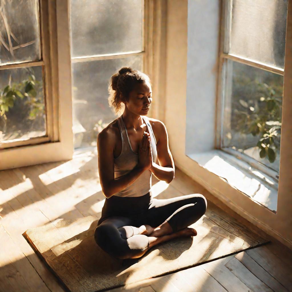 Женщина, медитирующая на йога мате