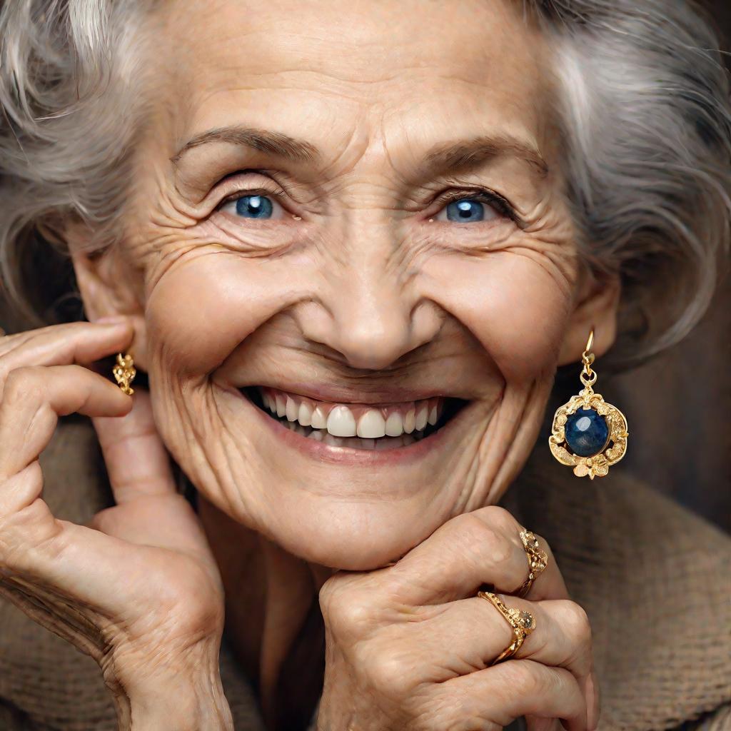 Элегантная женщина держит перед лицом серебряные с золотом серьги с голубыми лабрадоритами