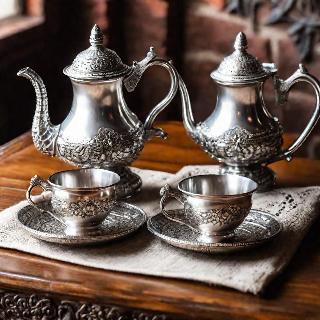 Старинный серебряный чайный сервиз на деревянном столе у окна на фоне кирпичной стены