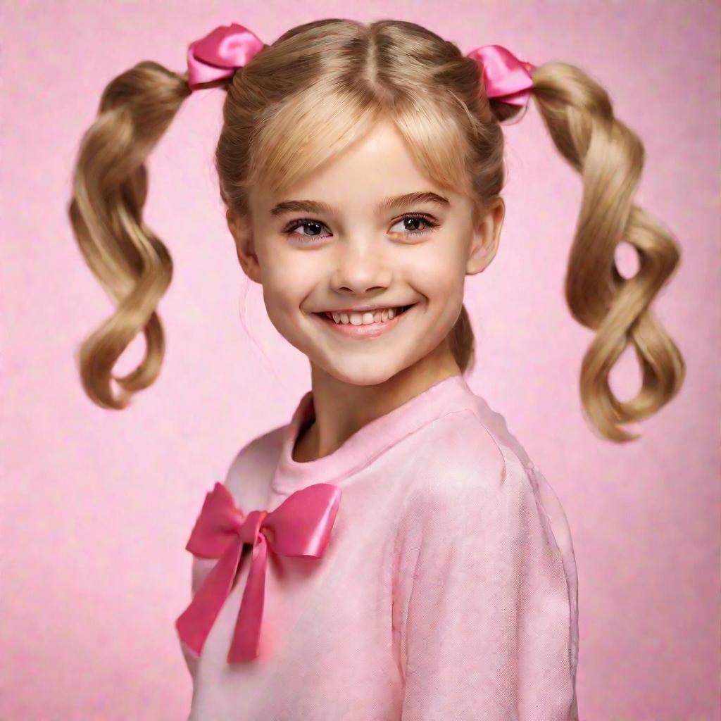 Блондинка с распущенными волосами, собранными в два высоких хвостика с розовыми бантами