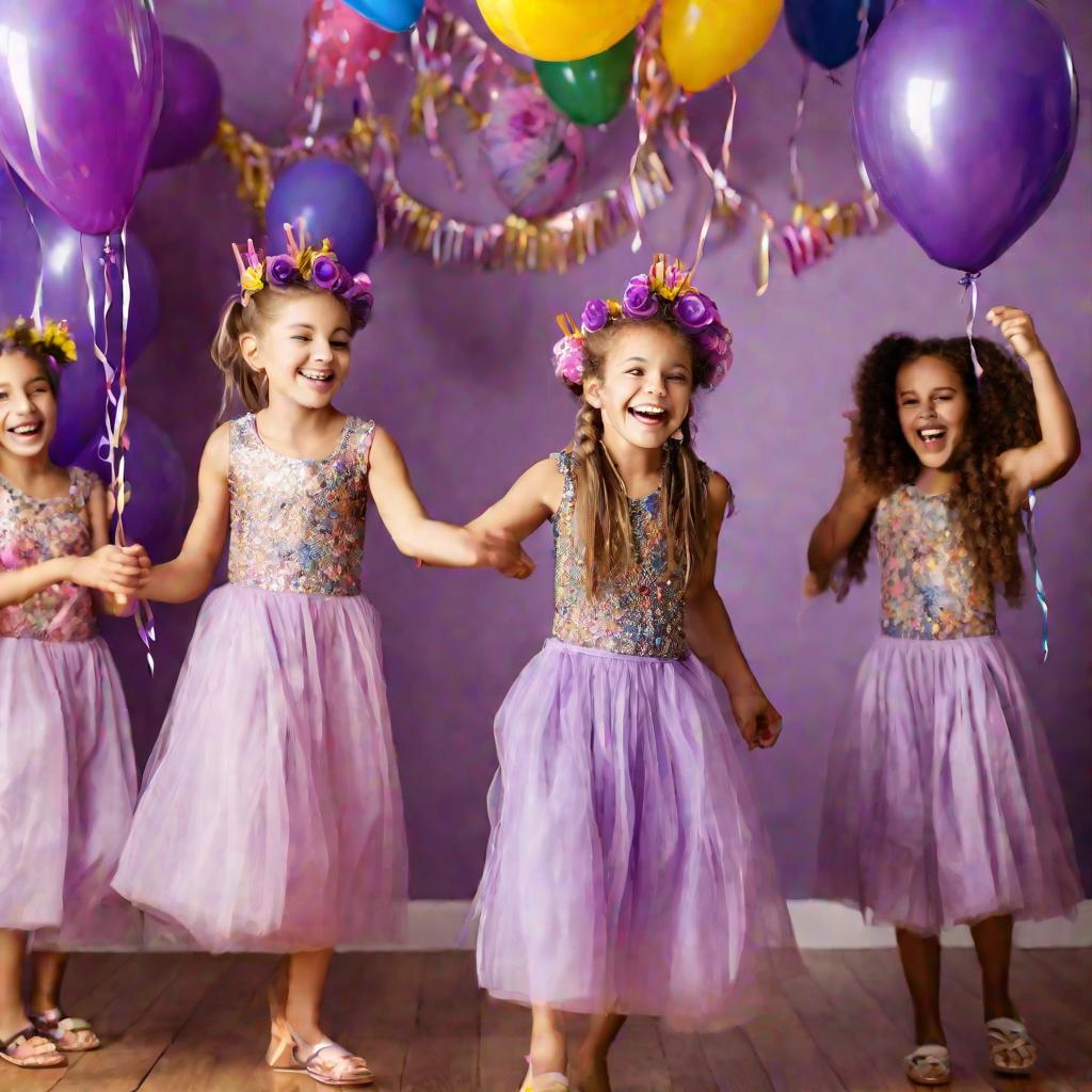 Девочки веселятся на детском празднике. Именинница в пышной прическе с заплетенными фиолетовыми цветами