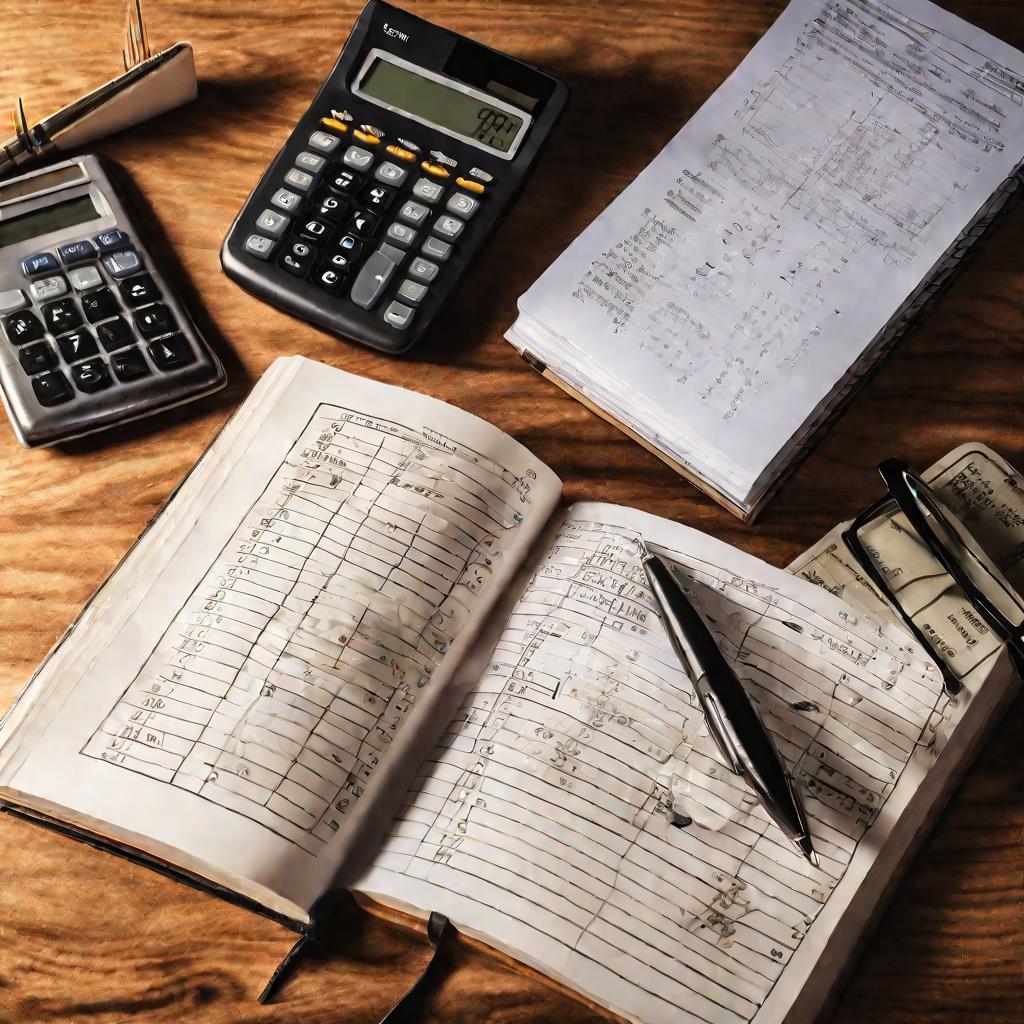 Вид сверху на открытую книгу учета и калькулятор на деревянном столе.