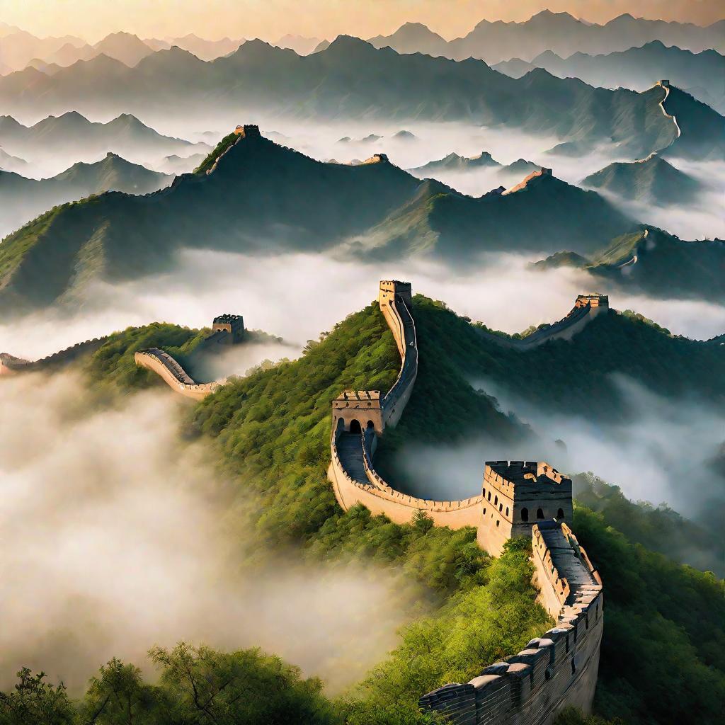 Великая Китайская стена на рассвете среди гор.