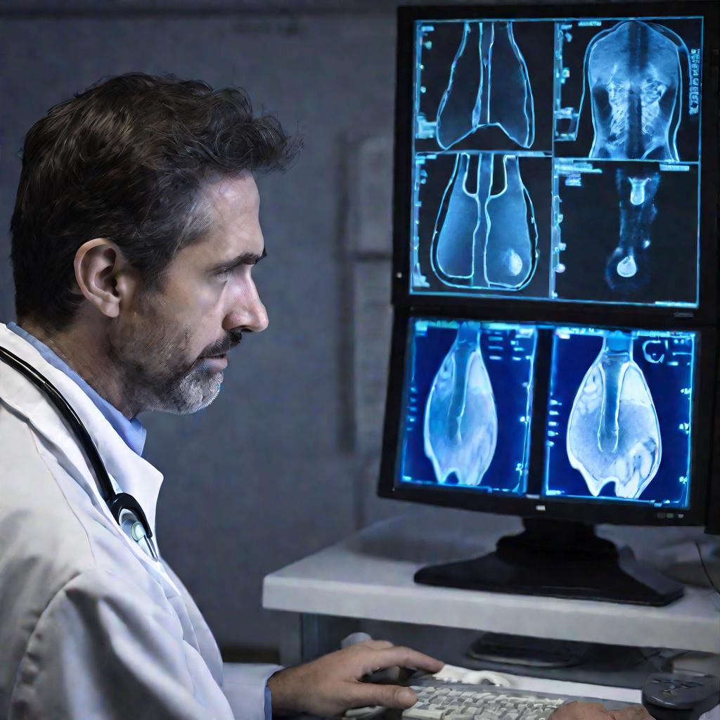 УЗИ щитовидной железы с увеличением и узлами на экране компьютера ночью