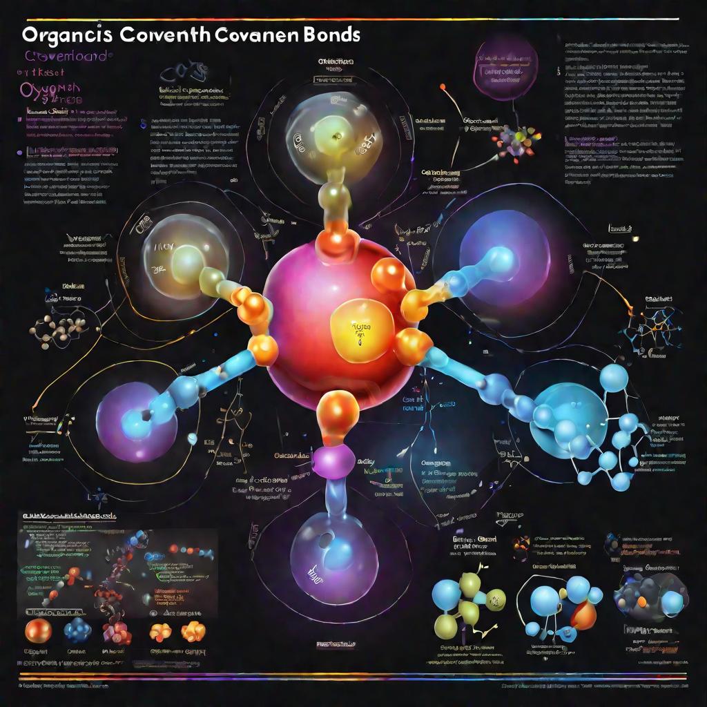 Инфографика с примерами органических соединений и ковалентных связей между атомами углерода, кислорода и водорода.