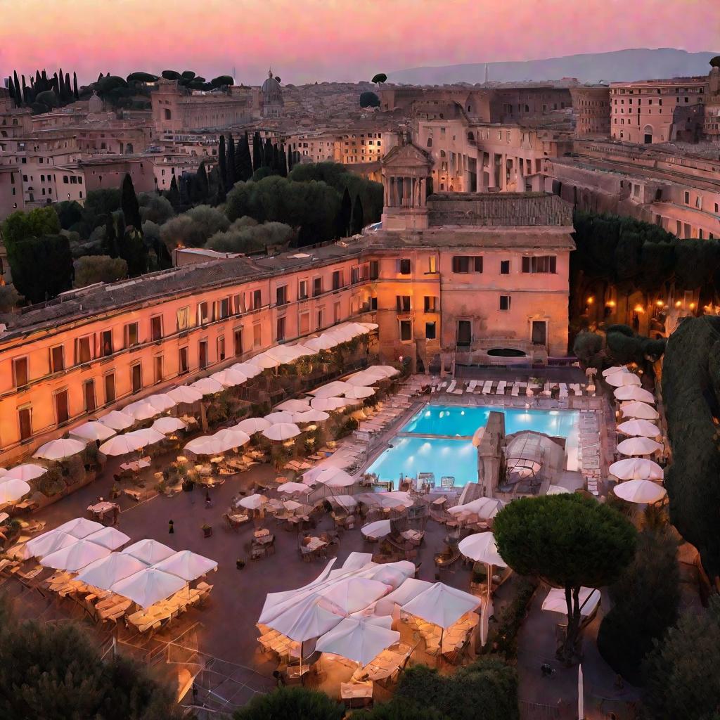 Главное фото: отель премиум-класса с открытой террасой и завтраком на фоне Римского форума на закате