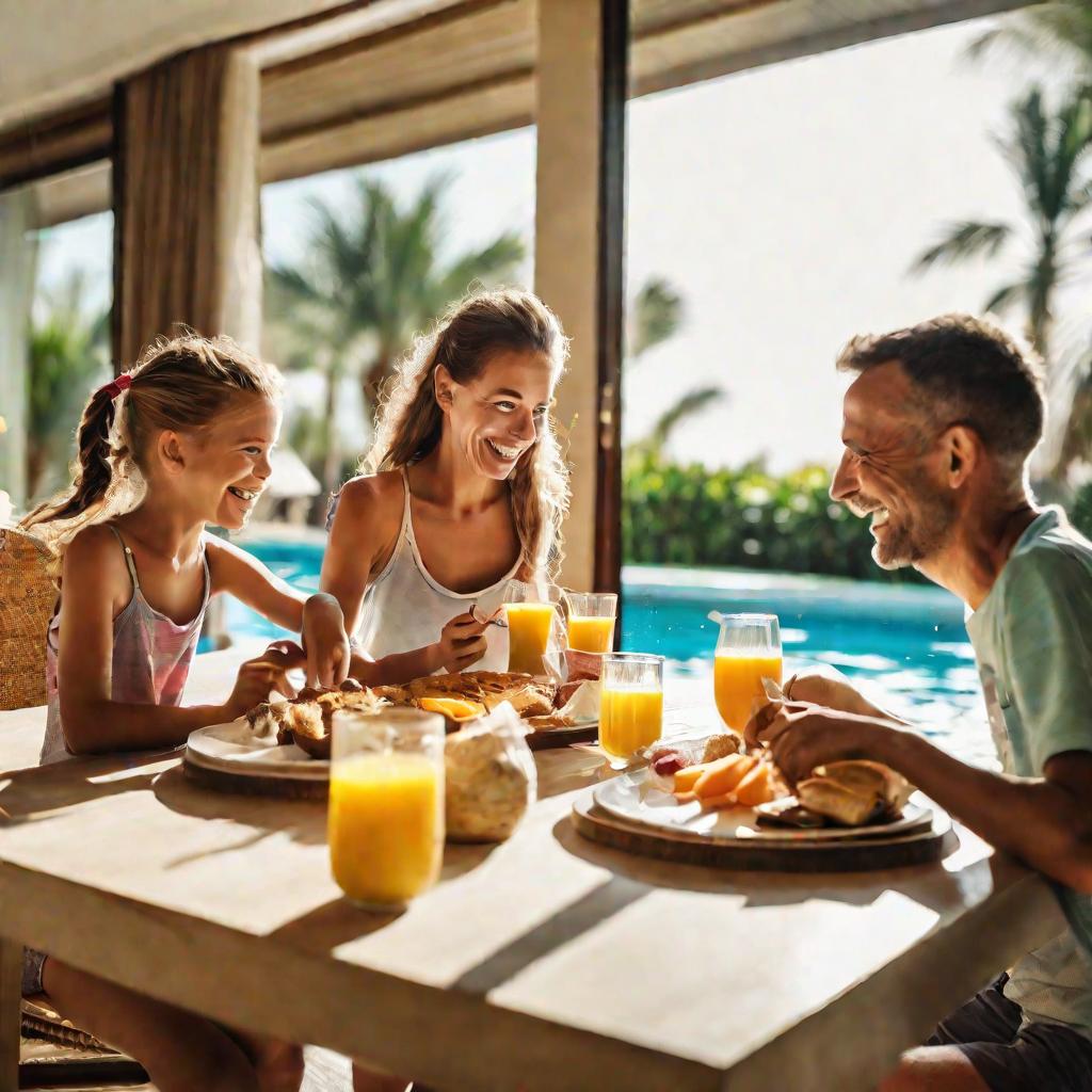 Счастливая семья завтракает в номере отеля