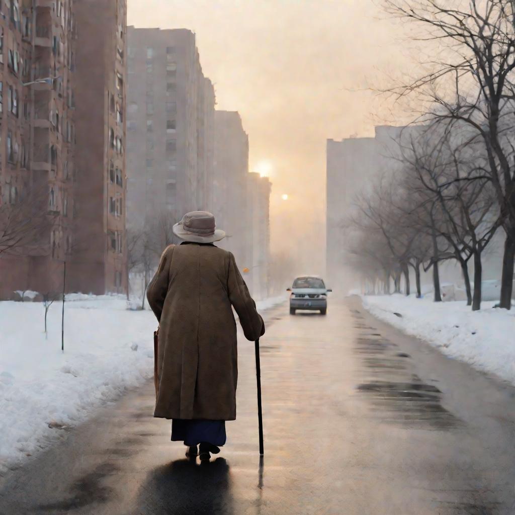Пожилая женщина с палкой идет по дороге вдоль высоких домов в холодный зимний вечер, кутаясь в старую одежду и дрожа от холода
