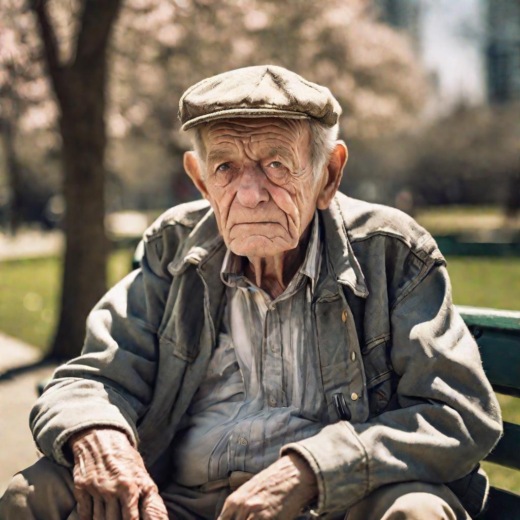 Портрет пожилого мужчины, сидящего на скамейке в парке весной, с унылым и отрешенным выражением лица в поношенной заплатанной одежде