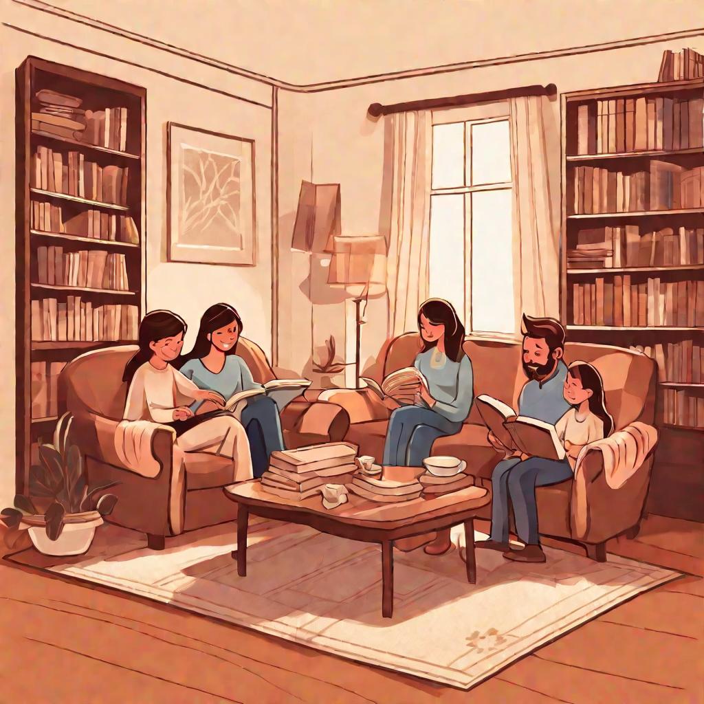 Семья читает книги в гостиной
