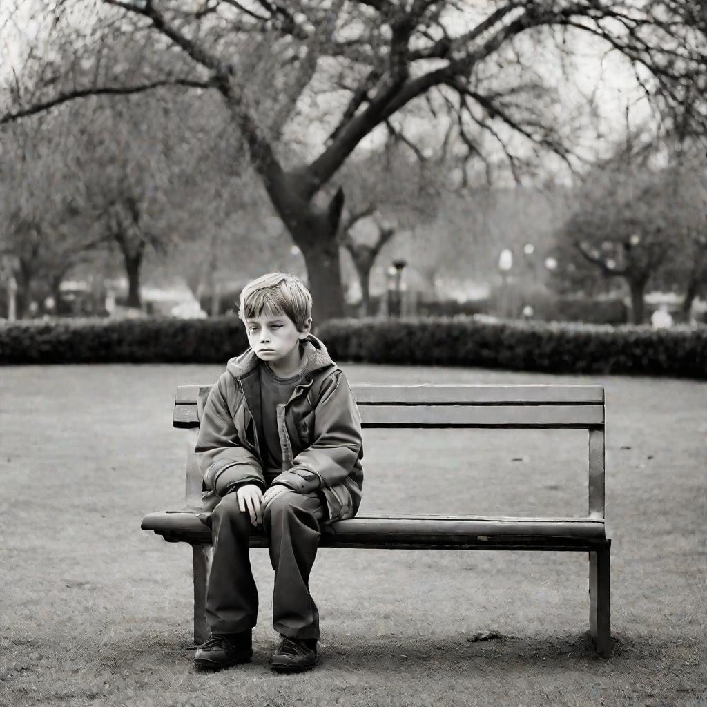 Печальный мальчик 7 лет с внешностью старика сидит на скамейке в пустом парке в пасмурный день
