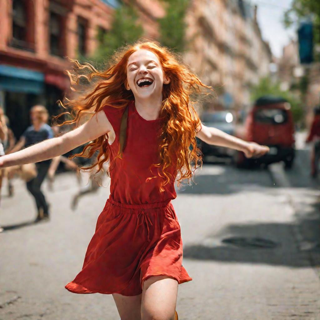 Рыжеволосая девушка танцует на улице
