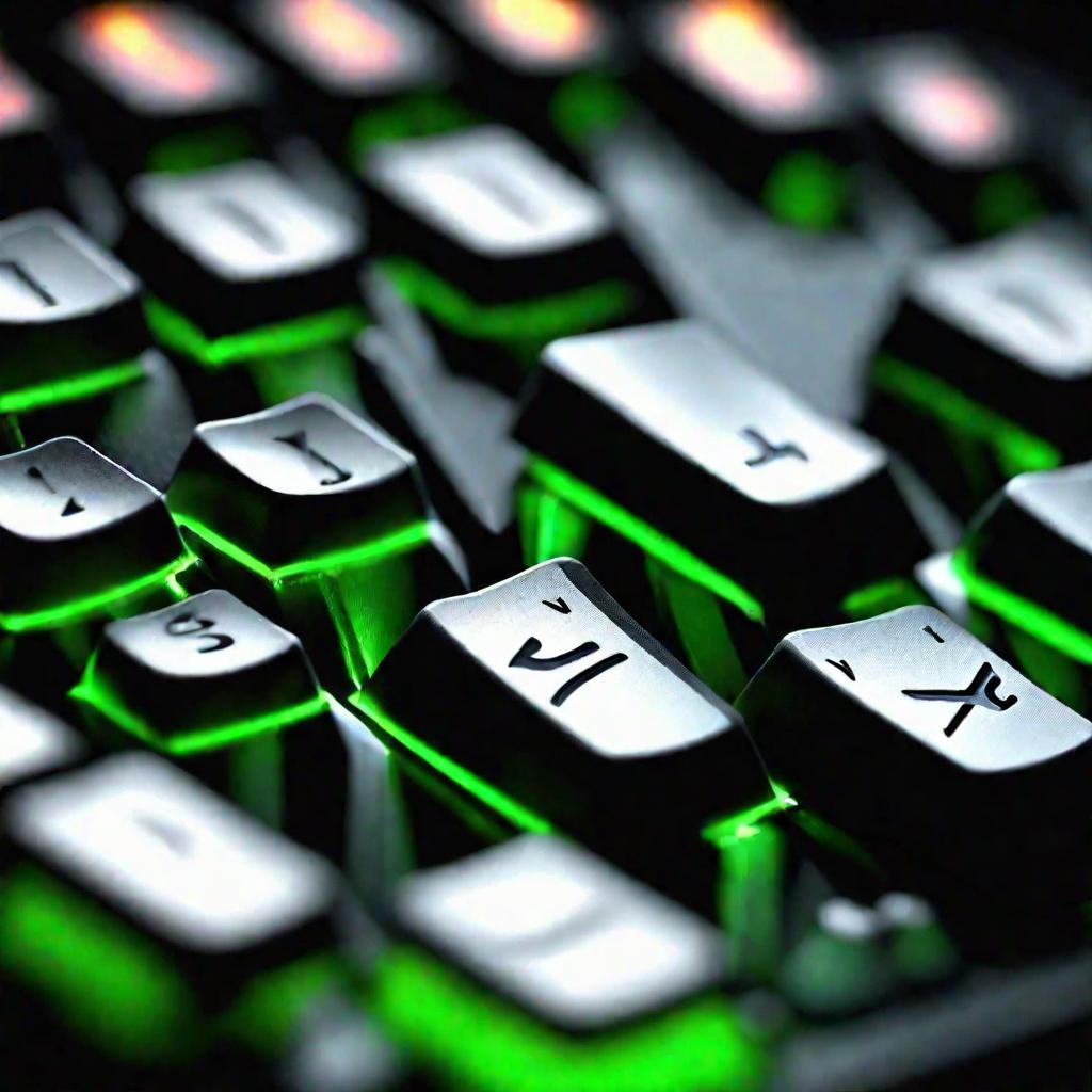 Клавиатура компьютера с подсветкой клавиш Ctrl, C, X и V зеленым цветом