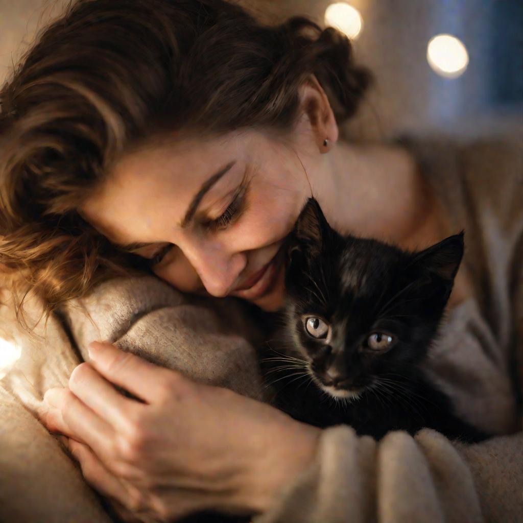 Женщина держит спящего черного котенка