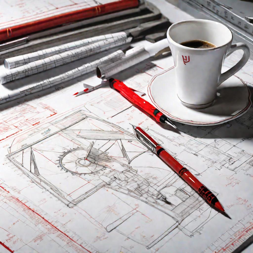 Минималистичный офисный стол в холодном флуоресцентном освещении с чертежной доской, наклоненной к камере и заваленной техническими чертежами и диаграммами с разметкой и расчетами простым и красным карандашом. На переднем плане лежит серебристый транспорт