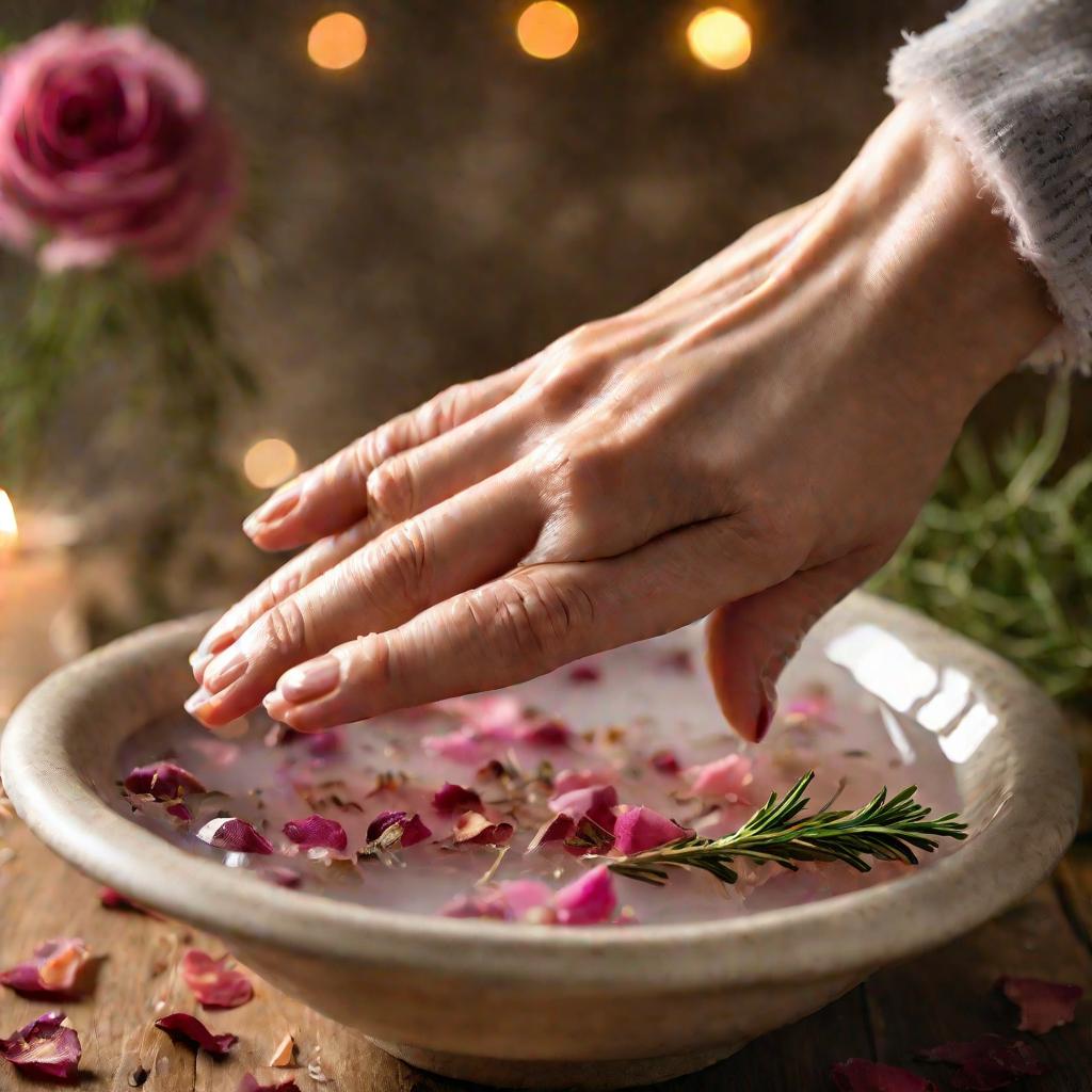 Сухие потрескавшиеся ногти женщины в травяной ванночке