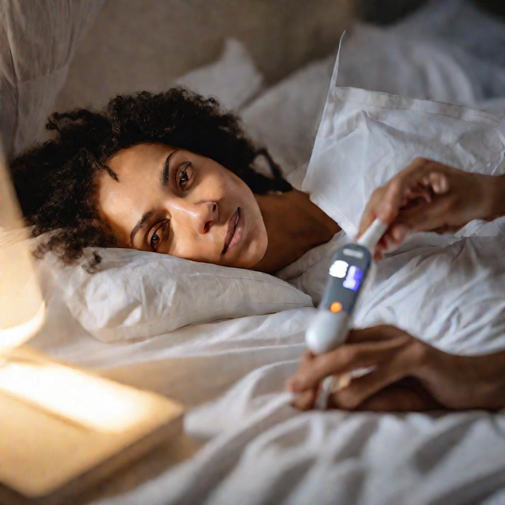 Женщина с термометром в постели на рассвете