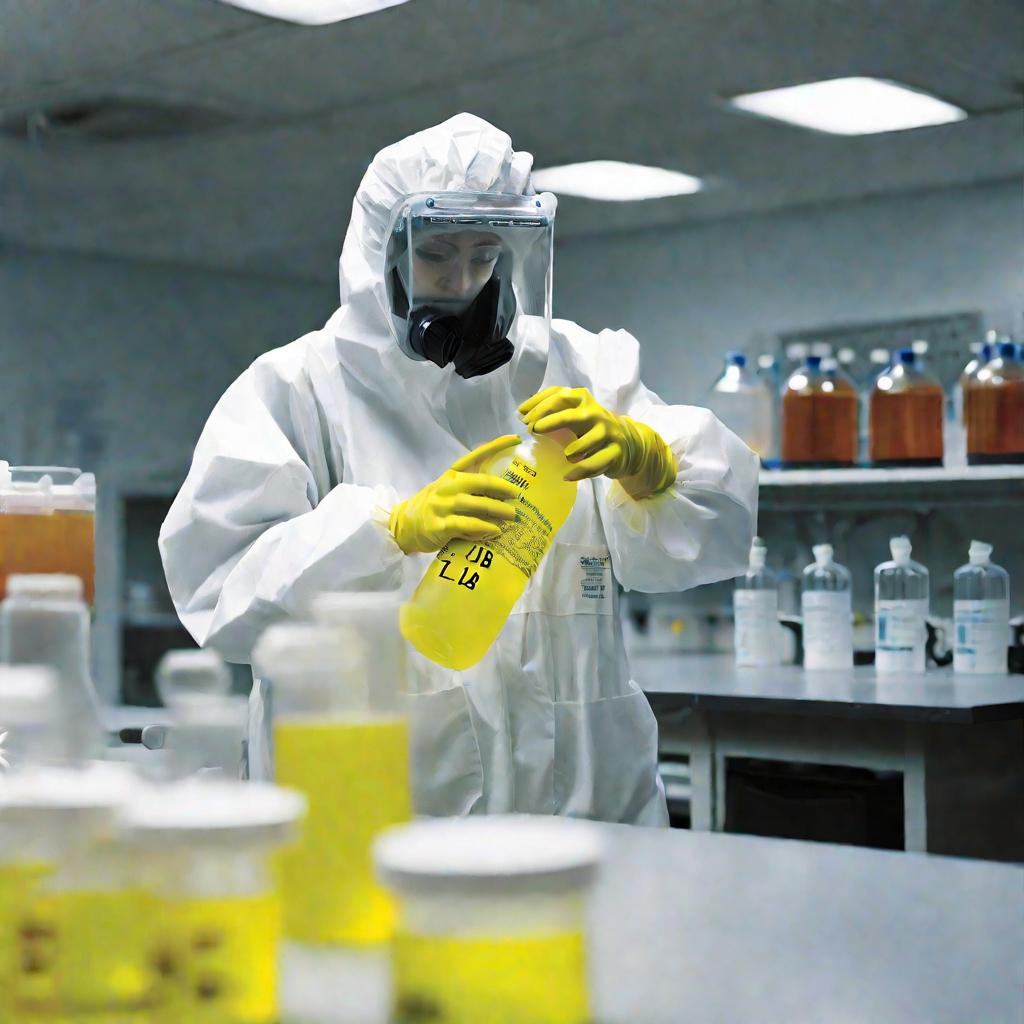 Женщина в спецодежде работает с серной кислотой в химической лаборатории.