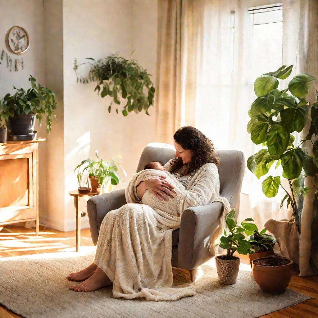 Кормящая мама сидит в мягком кресле в гостиной, солнечный свет проникает сквозь легкие занавески. На ней свободный кремовый свитер, она сосредоточена на кормлении новорожденного, завернутого в полосатое одеяло. В комнате паркет и комнатные растения, уютна