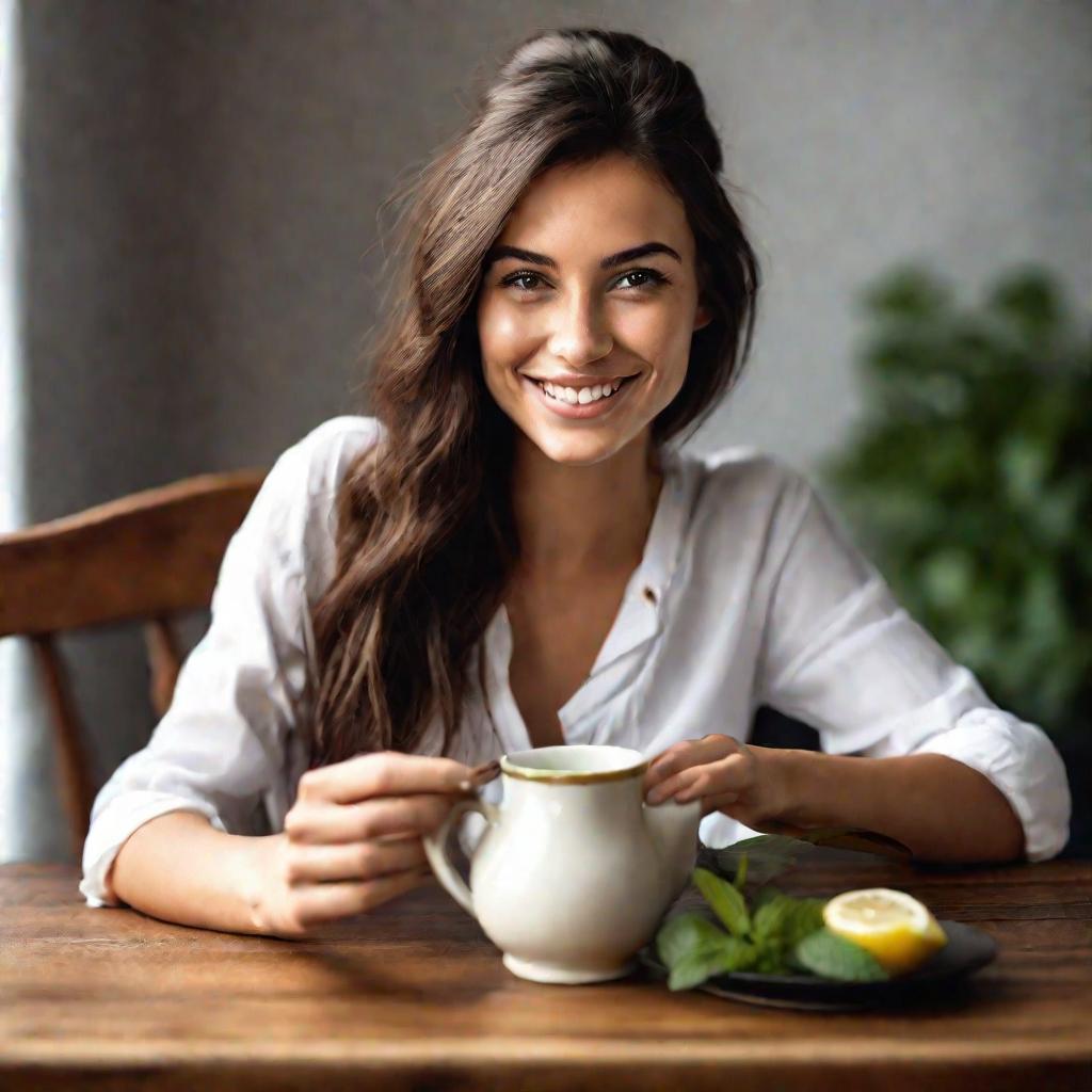 Портрет молодой женщины с чашкой зеленого чая на столе