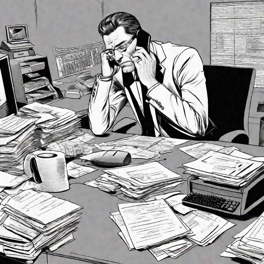Вид бухгалтера в костюме, сидящего за столом перед компьютером и стопками бумаг, разговаривающего по телефону. Он откинулся на спинку стула, одной рукой прижимает ладонь ко лбу, выглядит уставшим и раздраженным.