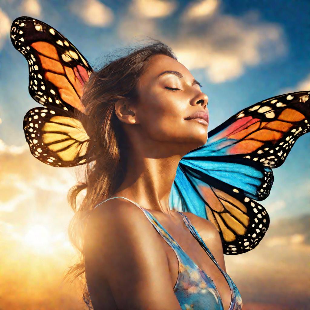 Женщина с крыльями бабочки летит к солнцу