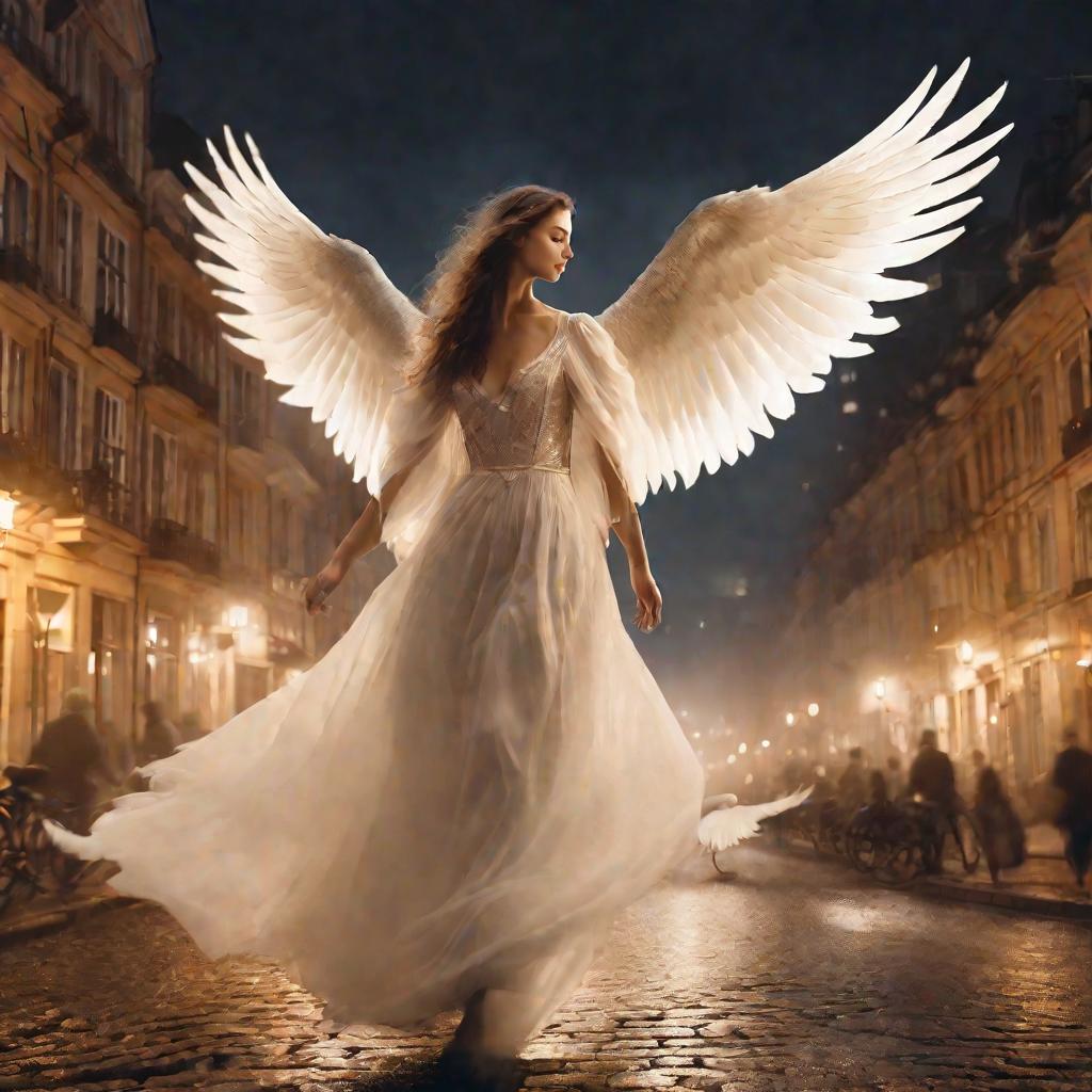 Девушка с крыльями лебедя над ночным городом