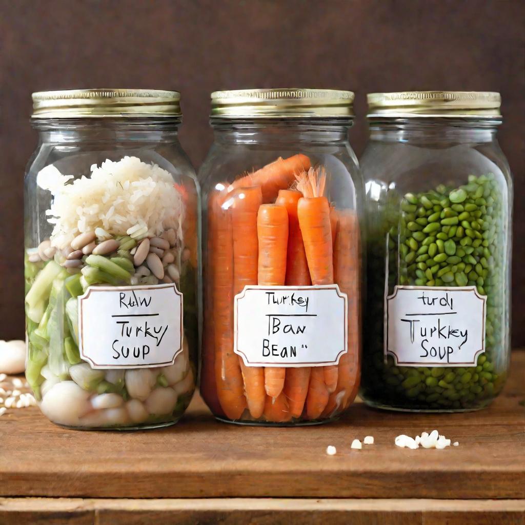 Три стеклянные банки с ингредиентами для супа из индейки - фасолью, рисом, морковью на деревянной поверхности.
