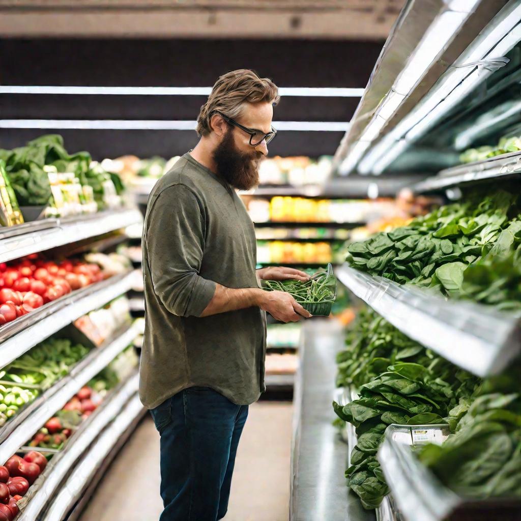 Описание третьего фото мужчина в овощном отделе супермаркета выбирает шпинат богатый фолиевой кислотой.