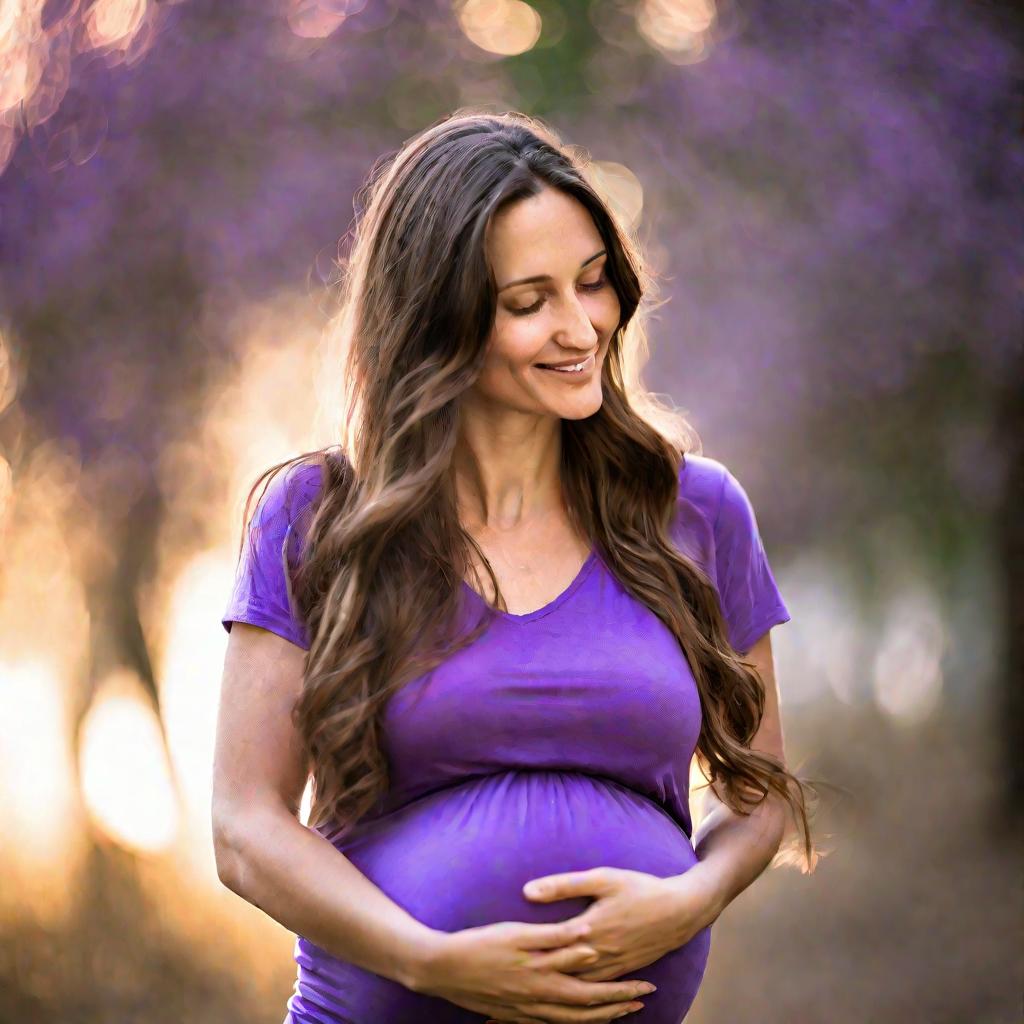 Женщина нежно смотрит на свой беременный живот, который она обнимает обеими руками