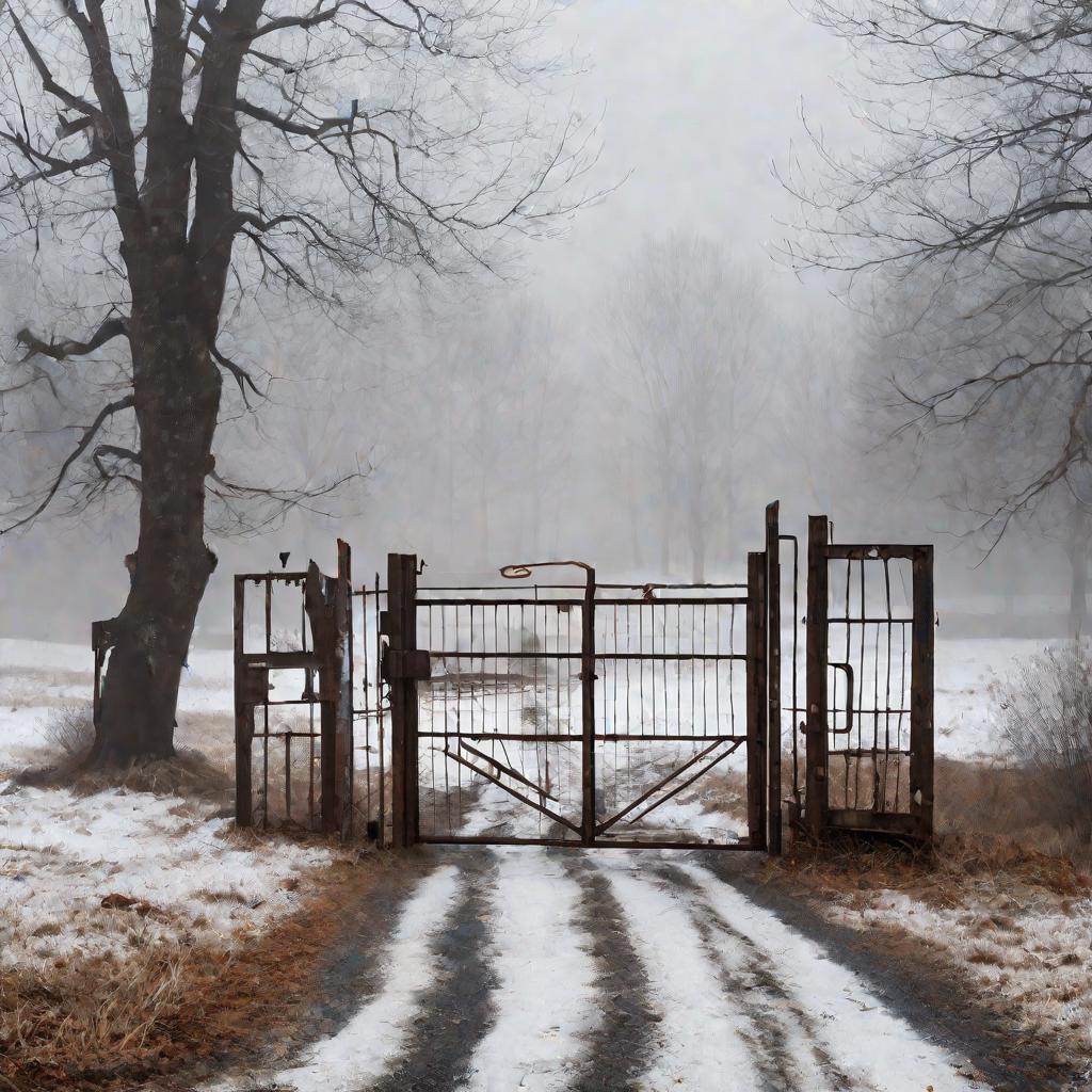 Зимний туманный пейзаж с воротами