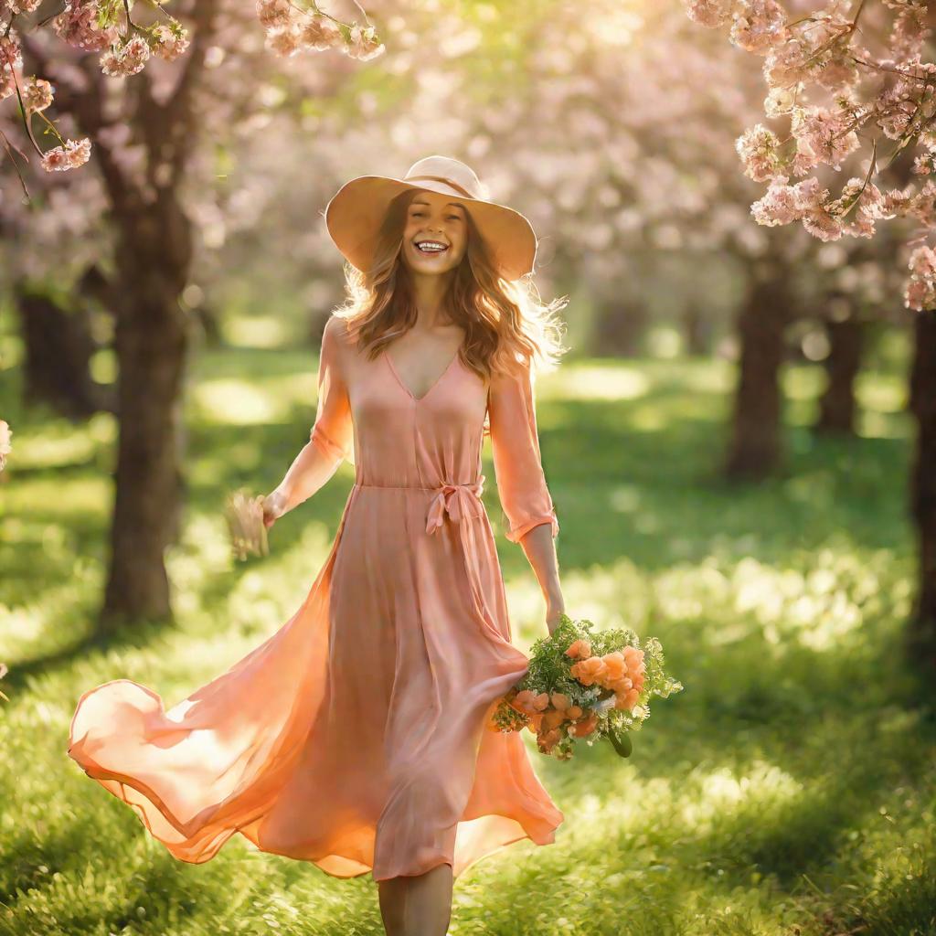 Весенняя прогулка элегантной и жизнерадостной девушки по цветущему парку