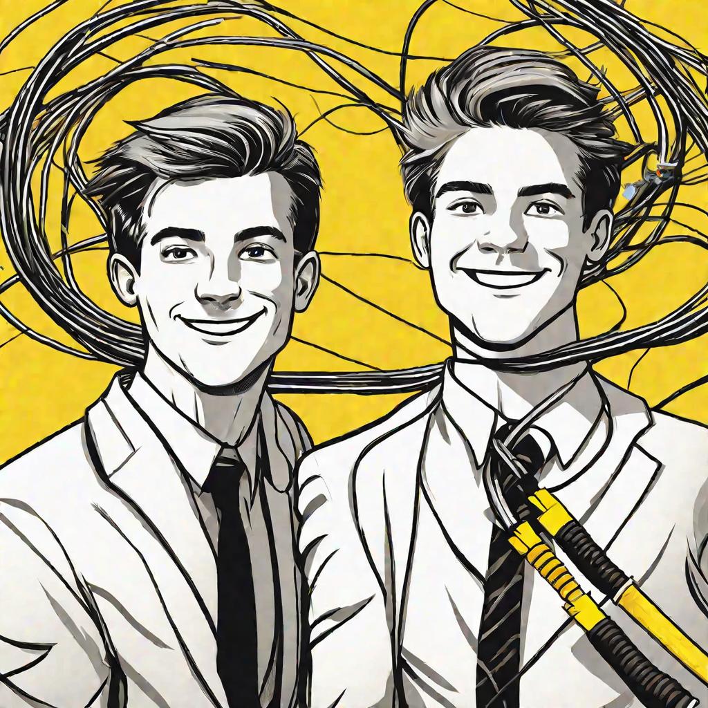Крупный портрет двух улыбающихся молодых людей в деловых костюмах, соединяющих сетевые кабели. Мужчины стоят лицом друг к другу, скрестив руки, каждый держит конец желтого кабеля Ethernet. Кабели образуют между ними форму буквы Х.