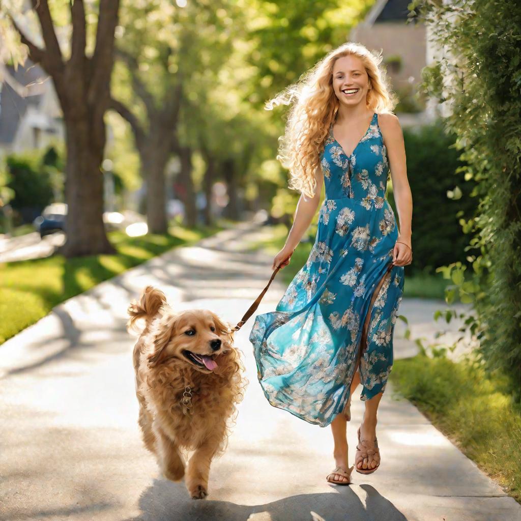 Девушка-блондинка гуляет на улице со своей собакой