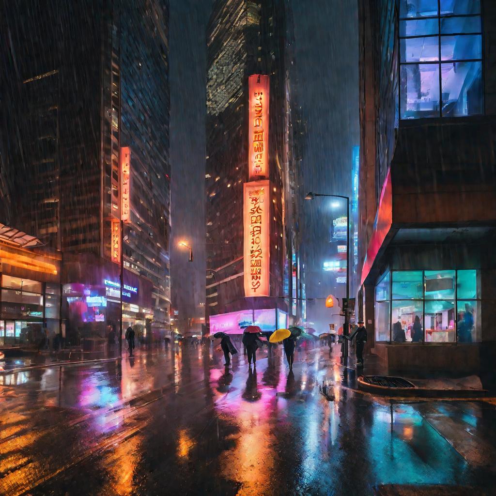 Вид сверху на ночную дождливую улицу города. Люди спешат домой под цветными зонтами, защищенные от ливня водоотталкивающими куртками и сапогами.