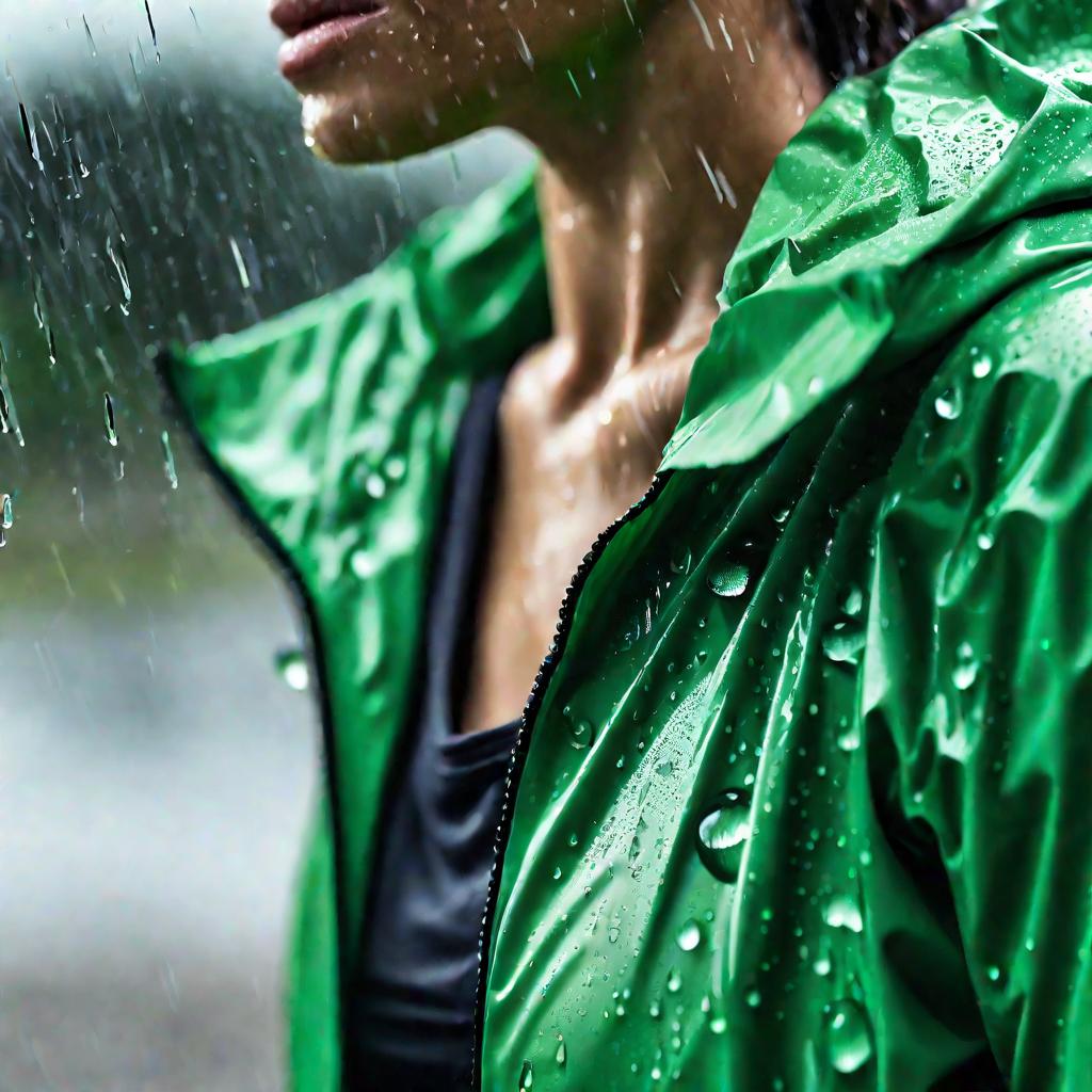 Крупный план - капли воды скатываются с обработанной поверхности зеленой дождевой куртки. Женщина стоит под дождем, но остается сухой благодаря водоотталкивающей пропитке.