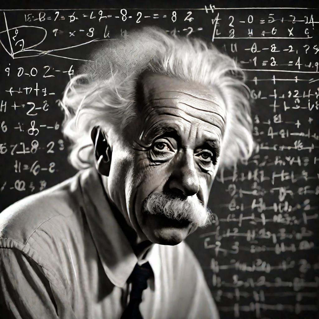 Портрет Эйнштейна, размышляющего над уравнениями с натуральными числами
