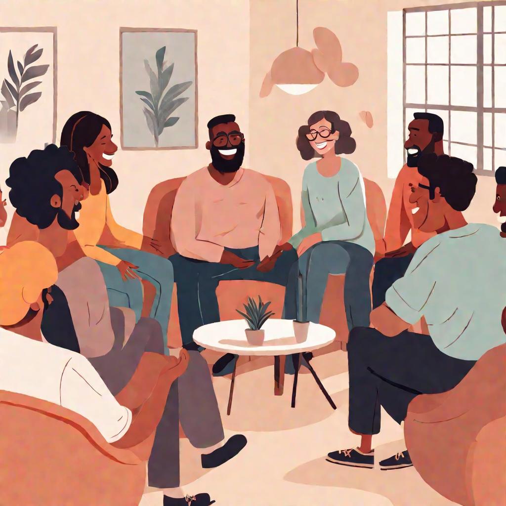 Группа разных людей, мужчин и женщин разного возраста, сидят в кругу, разговаривают и смеются вместе в яркой, уютной комнате для консультаций. Они излучают дружелюбную, поддерживающую атмосферу.